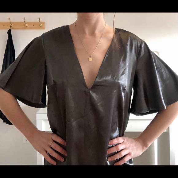 Shiny Silver V Neck T Shirt Dress - Picture 2 of 5